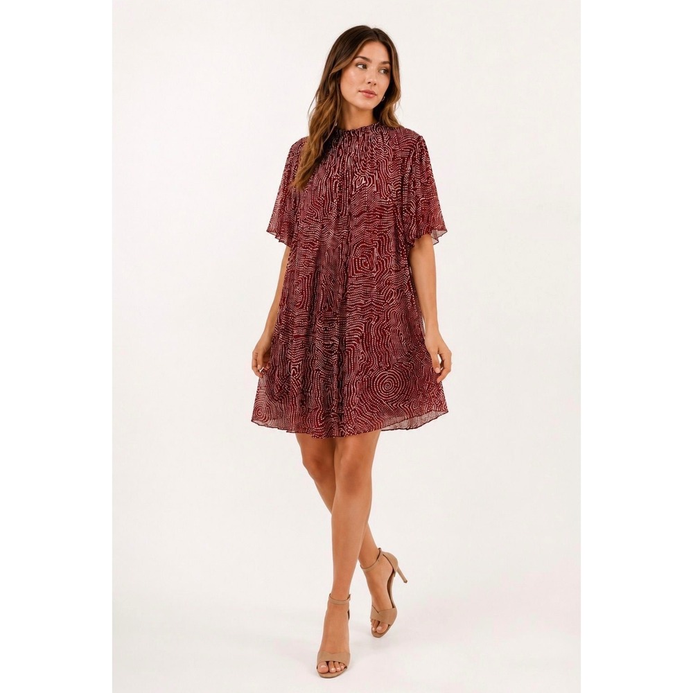 Isabel Marant Red Silk Dotted Wave Smocked Mini Dress Tunic Size 34